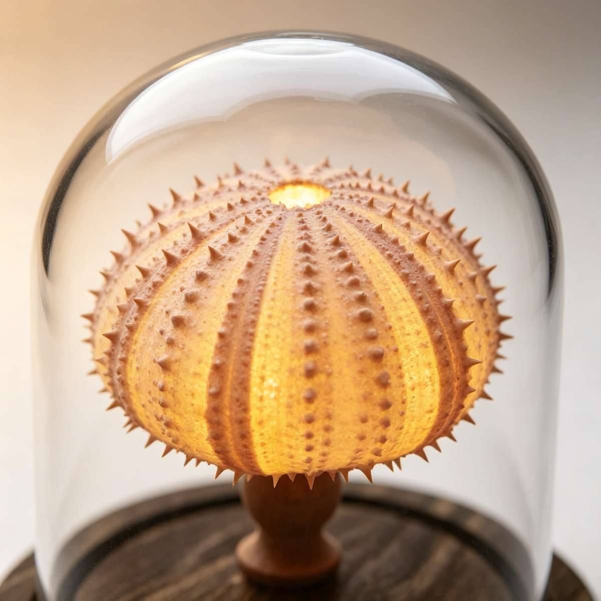 Handmade Sea Urchin Shell Night Light | Glass Dome Coastal Table Lamp